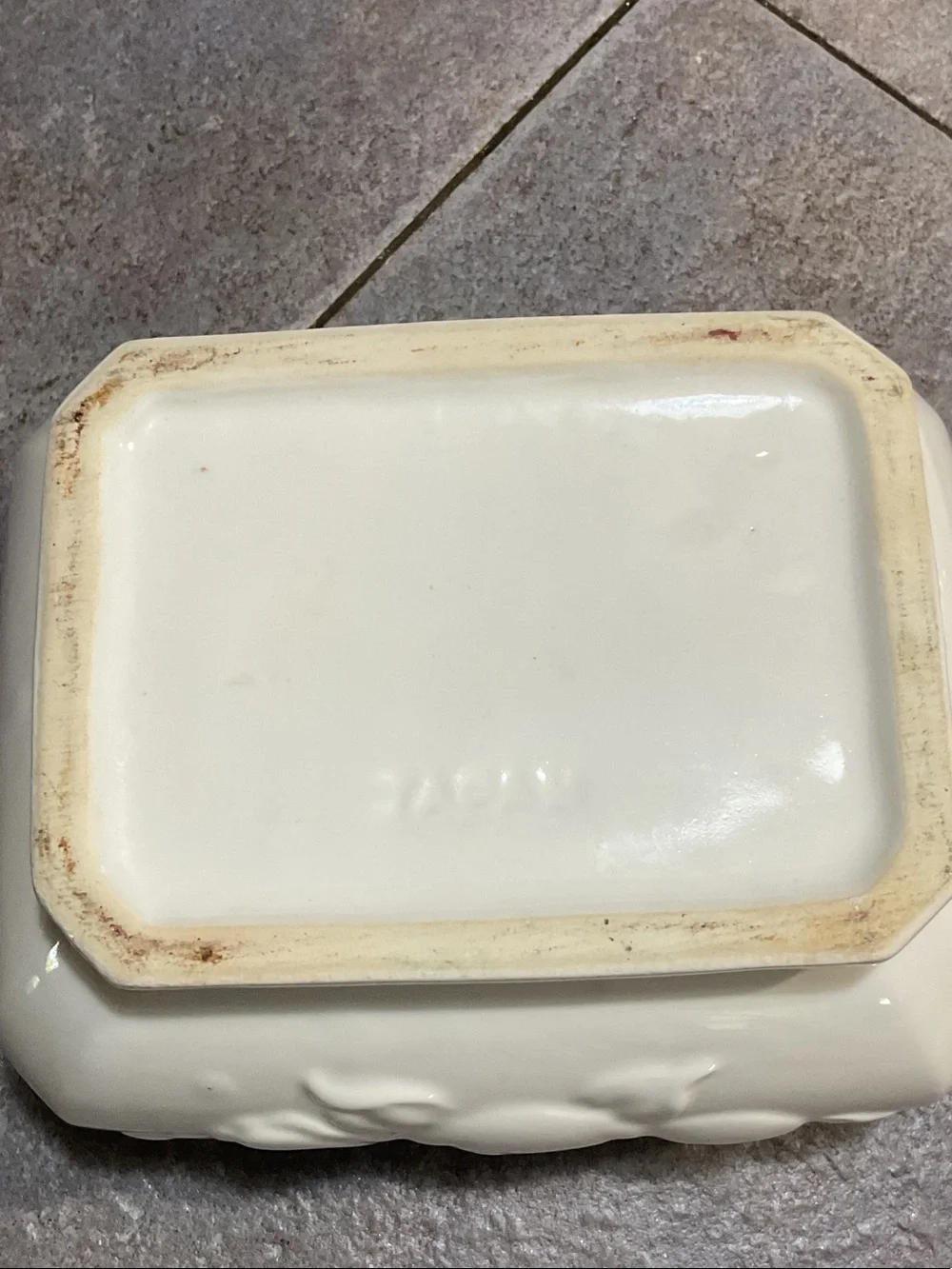 Ivory Ceramic Covered Soup Tureen with Ladle - Floral Relief